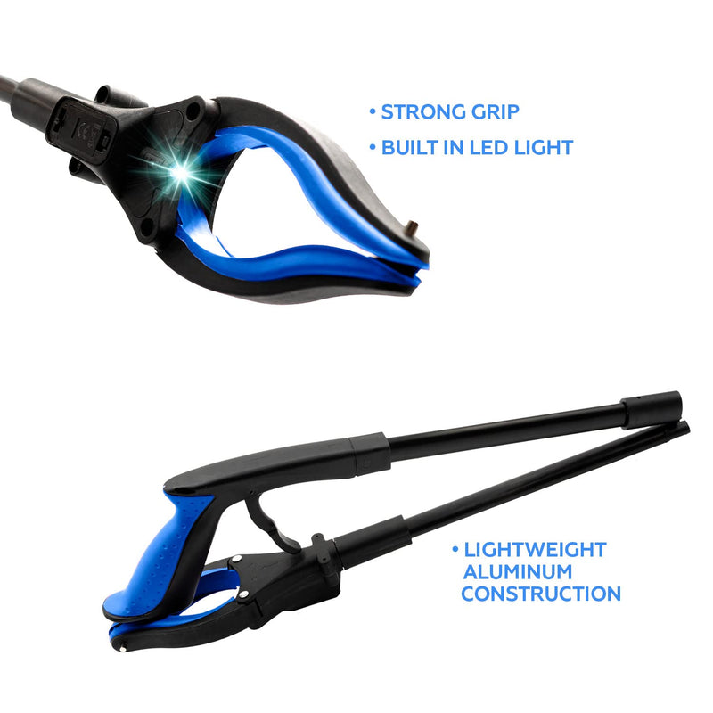 Grabber Reacher Tool-Long 32 Inch Aluminum Foldable Pick Up Stick-Strong Grip Shelves LED Light Magnetic Tip, Lightweight Trash Picker Claw Reacher Grabber Tool for Elderly - by Luxet (32 Inch, Blue)