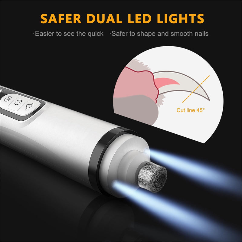 2025 Upgrade Silent Groom Pro Nail Grinder for Dogs and Cats - 3-Speed Quiet Electric Trimmer with 2 LED Light, 2000mAh Long-Electric Pet Toenail File Tool for Large Medium Small Dogs Cats 1+2*Replacement Head White - PawsPlanet Australia
