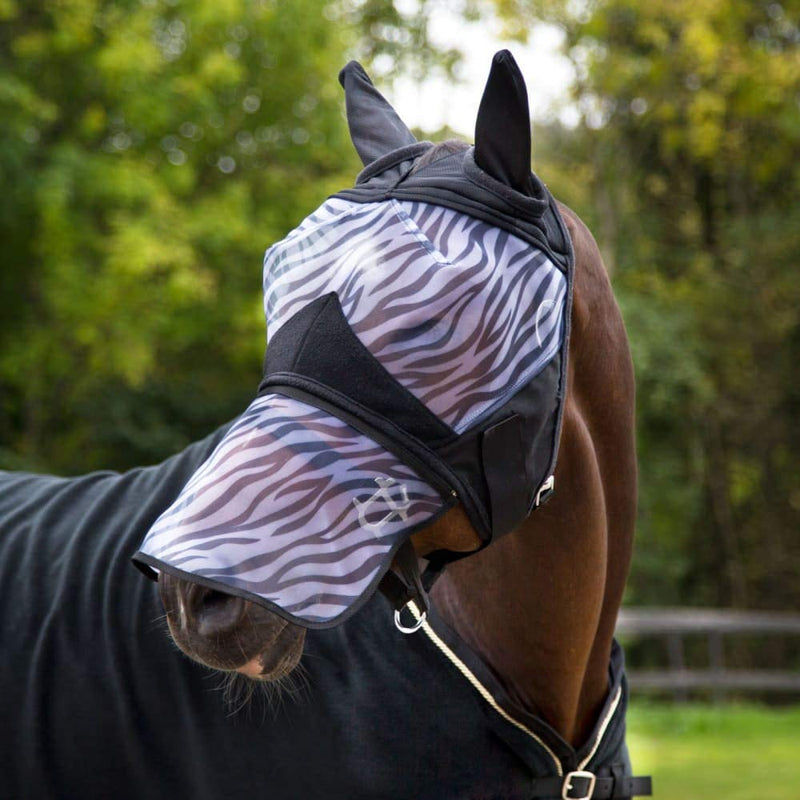 HORZE Zebra Pattern Mesh Insect and Fly Mask with Detachable Nose Protection - Black - L - PawsPlanet Australia