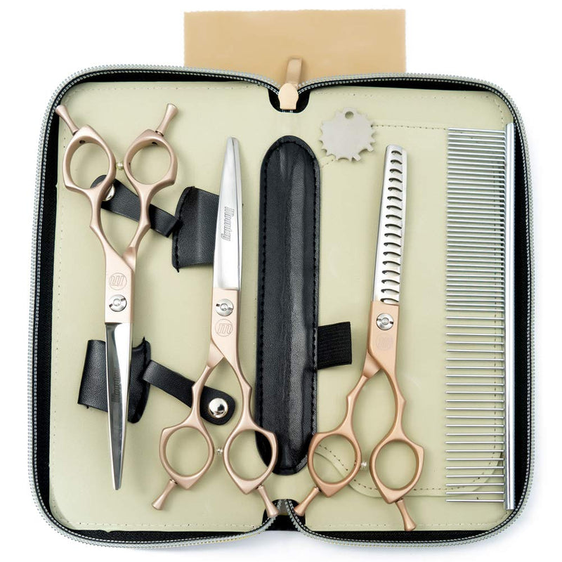 Moontay 6.5" Professional Pet Grooming Scissors Set, 3-pieces Dog Cat Grooming Straight & Curved & Chunker Shears/Scissors with 1 Grooming Comb, 440C Japanese Stainless Steel Grooming Scissor, Gold 3 PCS ( Straight & Curved & Chunker Scissors ) - PawsPlanet Australia