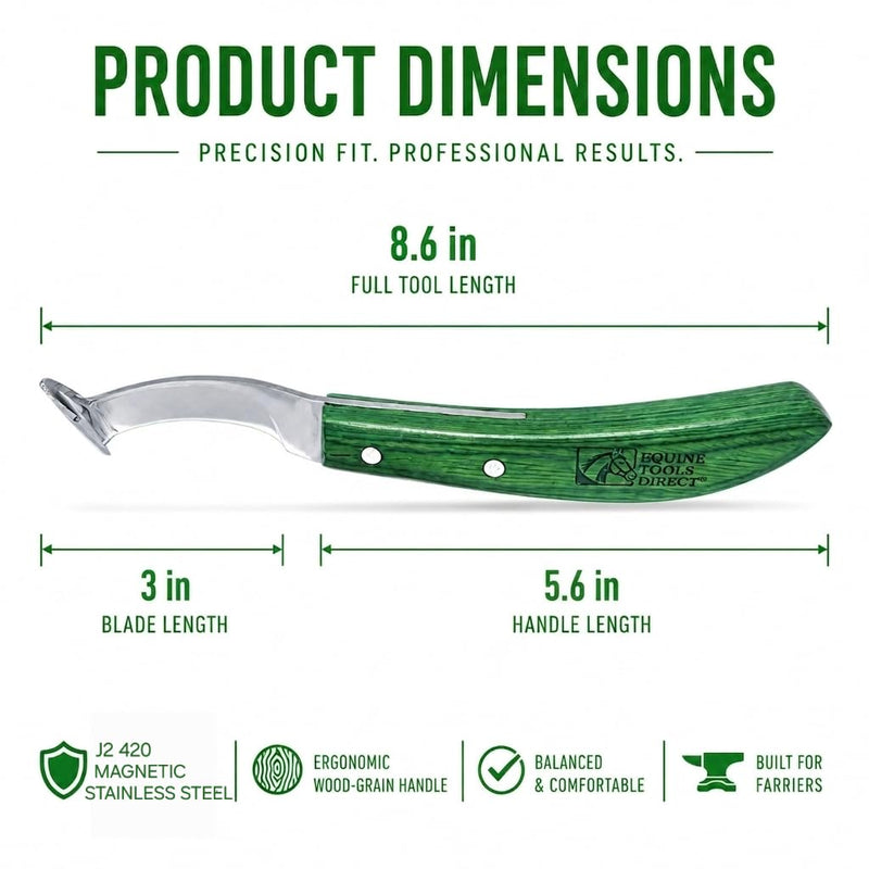 Straight Blade Hoof Knife with Rhino Hook, J2 420 Magnetic Stainless Steel, Right-Hand, Ergonomic Green Handle, Professional Farrier Trimming Tool