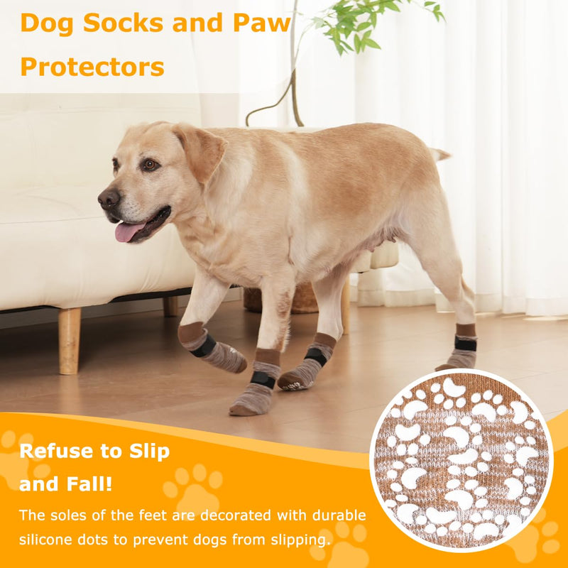 Dog Socks 12 Pack to Prevent Licking Paws, Anti Slip Dog Booties and Paw Protectors for Hardwood Floors Hot Pavement, Suitable for Small Medium Large Senior Dogs - Size Extra Large,Brown X-Large