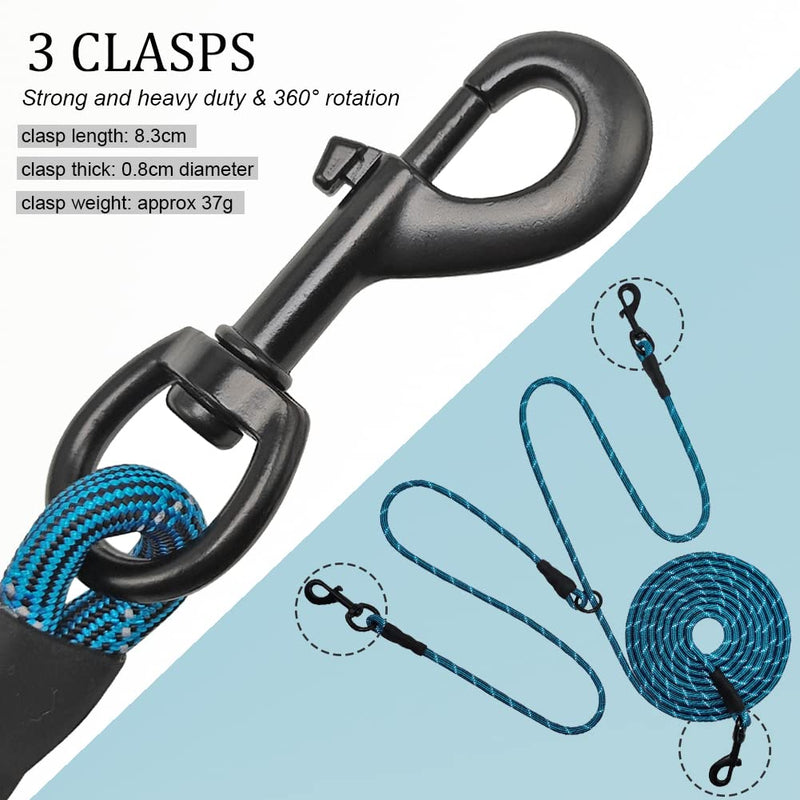 BTINESFUL 12FT 20FT 30FT Reflective Dog Tie Out for 2 Dogs, No Tangle 1/3 Inch Nylon Rope Tether for Two Dogs, Dog Trolley Runner for Yard Outdoor Camping Blue 12 ft x 1/3" - PawsPlanet Australia