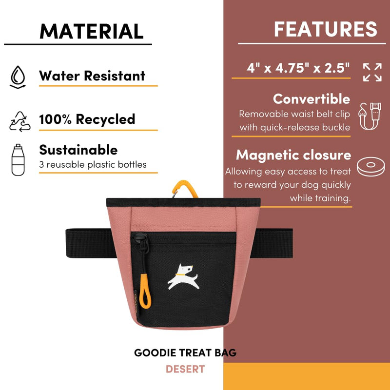 OllyDog Goodie Treat Bag, Dog Treat Pouch, Waist Belt Clip for Hands-Free Training, Magnetic Closure, Dog Training and Behavior Aids, Three Ways to Wear (Desert)