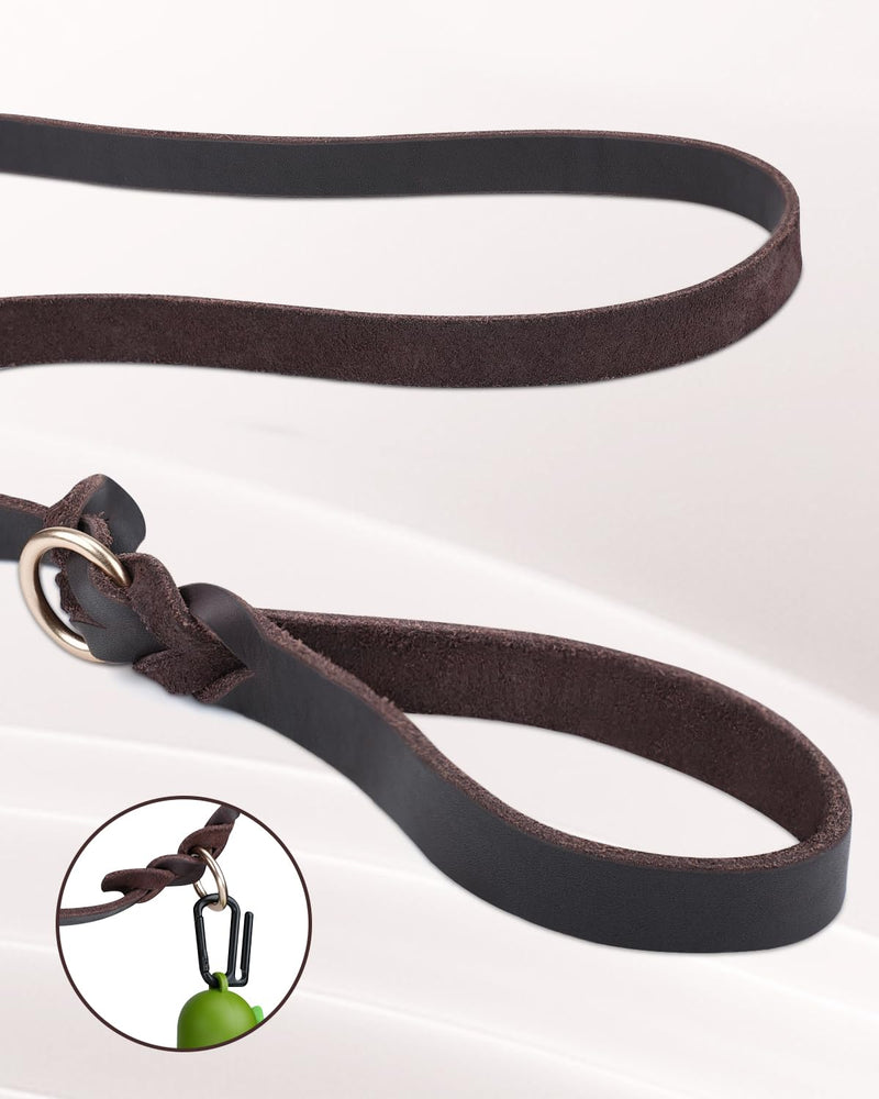 Dynmeow Leather Dog Leash with Safety Lockable Clip and Poo Bags Holder Ring, Heavy Duty Dog Leash for Medium Large Dogs (Brown, 4FT by 3/4IN) Brown