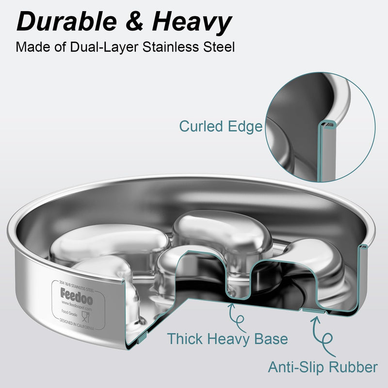 Slow Feeder Dog Bowl, Double-Layer Food-Grade Stainless Steel, Heavy Duty with Non-Slip Rubber Base, 2Cups Capacity for Small and Medium Dogs to Slow Down Eating - PawsPlanet Australia