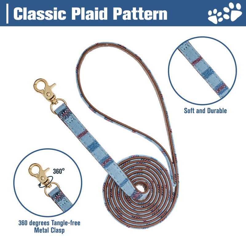 Dog Leash Collar Set - 3 Pack Plaid Pattern Adjustable Escape Proof Leash Collar Set for Outdoor Walking Small Blue