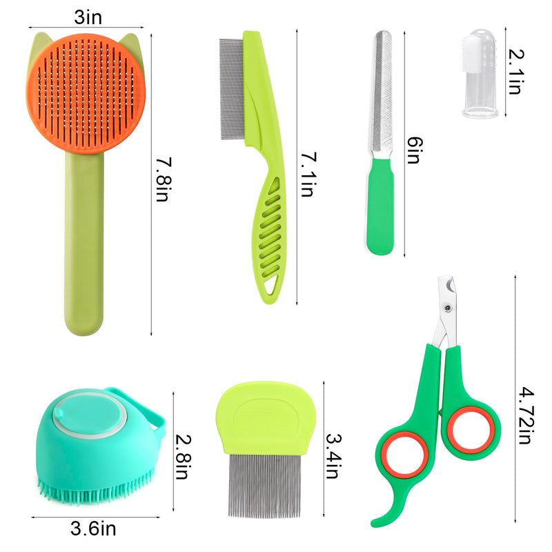 VCZONE 8 Pcs Cat Brush Grooming Kits, Pet Self Cleaning Kit with Pet Nail Clipper and File, Flea Comb, Pet Shampoo Bath Brush, Pet Shedding Brush, Silicone Toothbrush (Green) Green - PawsPlanet Australia