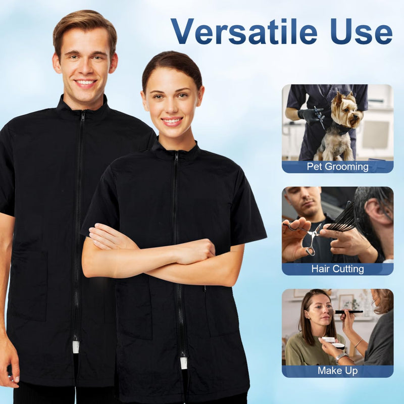 VILLCASE Black Dog Grooming Smock with Zipper, Short Sleeves Dog Grooming Tunic with 2 Pockets, Waterproof and Anti-static Pet Beautician Workwear Apron for Pet Shop Men and Women XL