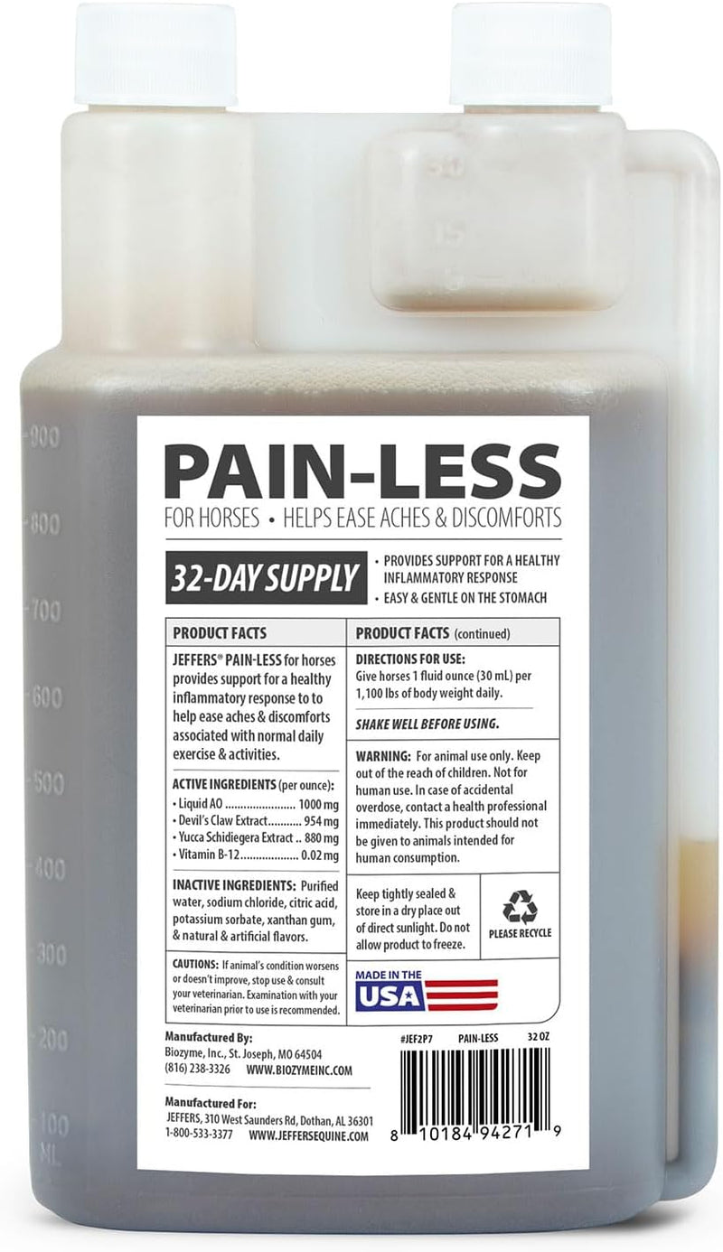 Jeffers Equine Pain Less Liquid Horse Supplement – Joint Muscle Comfort & Mobility Support with Devil’s Claw, Yucca, Vitamin B12, w/Prebiotic for Digestive Nutritional Support for Horses - 32 oz - PawsPlanet Australia