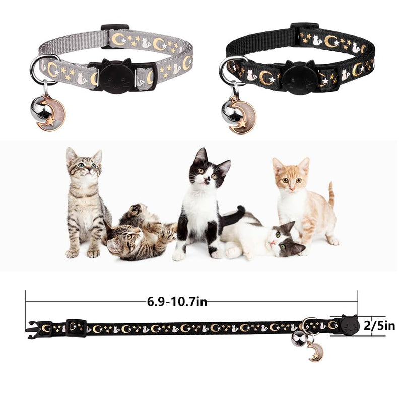 2PCS Breakaway Cat Collars with Bell Cute Kitty Glow in The Dark Adjustable Kitten Collars(Grey&Black) 6.9-10.7 in Grey&Black - PawsPlanet Australia