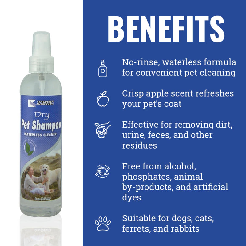 Kenic Refreshing Apple-Scented Pet Dry Pet Shampoo Spray Cleanser for Dogs, Cats, Ferrets & Rabbits, Spot Clean Spray, No Rinse Formula, 8oz Waterless - Dry Shampoo - PawsPlanet Australia