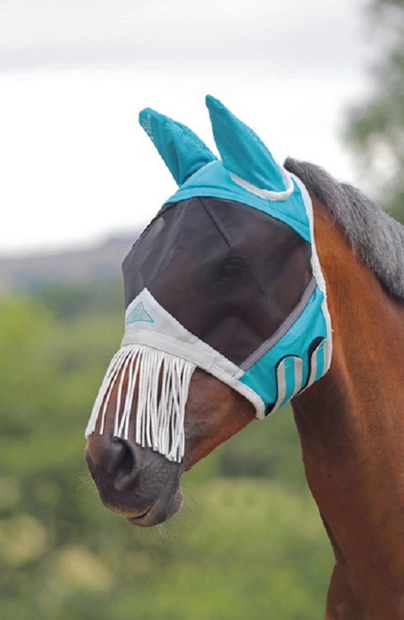 Shires Fine Mesh Fly Mask with Ears & Nose Fringe – 70% UV Protection Teal/Extra Full/Single