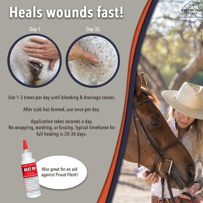 Four Oaks Farm Ventures, Dust On! All in One Wound Dressing - Dry Powder Treatment for Healing Wounds, Staunch Bleeding Fast, Dehorning/Docking - All Natural Formula, Non-Caustic, Easy to Use (2.5 oz)