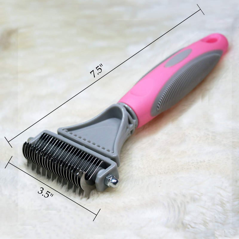 Pet Dematting Comb - 2 Sided Undercoat Rake for Cats & Dogs - Safe Grooming Tool for Easy Mats & Tangles Removing - Medium and Long Haired Cats Dogs Brush for Shedding Pink