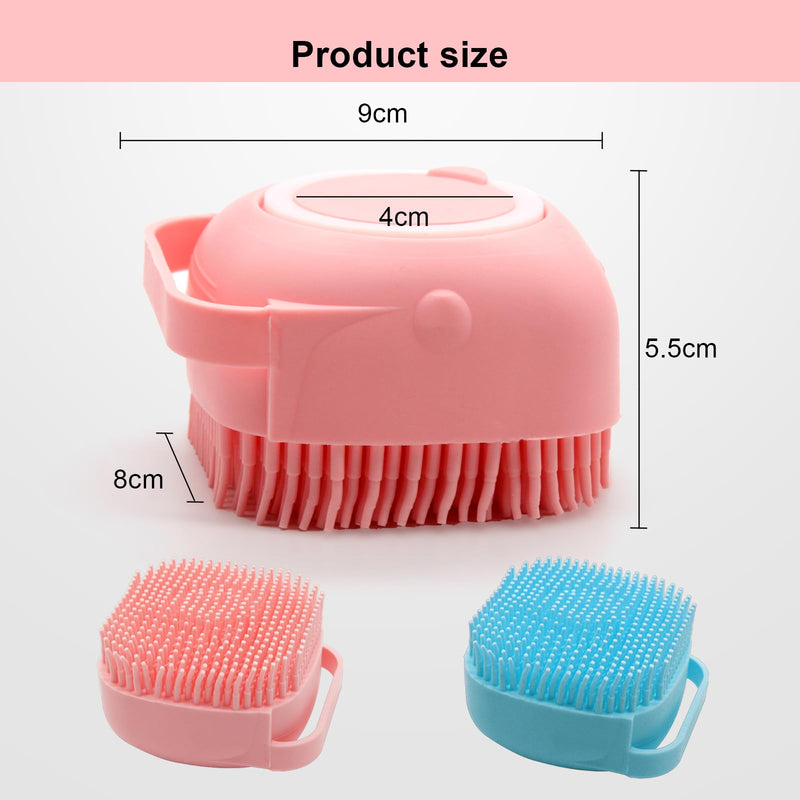 Pet Bath Brush Scrubber, Soft Silicone Shampoo Dispenser with Shower Grooming & Adjustable Ring Handle for Short/Long Haired Dogs and Cats, Pink+Blue 1PCS - PawsPlanet Australia