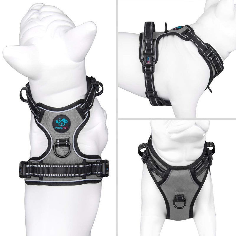 PHOEPET No Pull Dog Harness Medium Reflective Front Clip Vest with Handle, Adjustable 2 Metal Rings 2 Buckles(M, Grey) Gray - PawsPlanet Australia