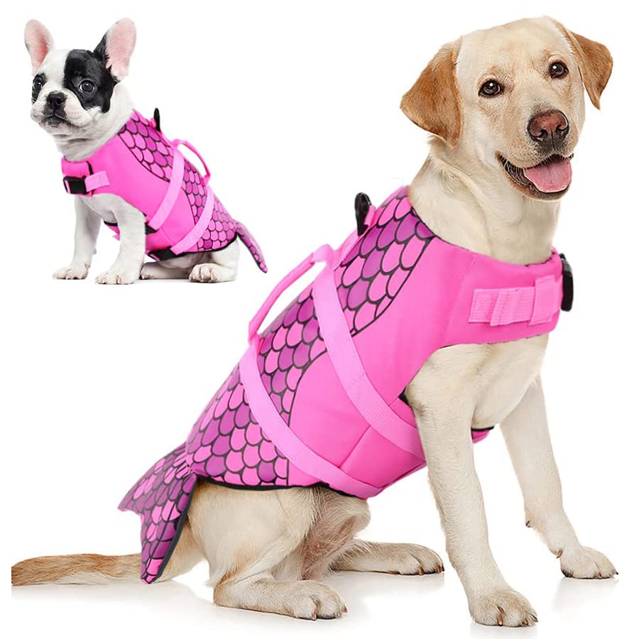 AOFITEE Dog Life Jacket, Dog Life Vest for Swimming, Mermaid Dog Life Vest with Rescue Handle and Reflective Stripe, Ripstop Dog Lifesaver Float Coat, Dog Swimming Vest for Small Medium Large Dogs X-Large Pink