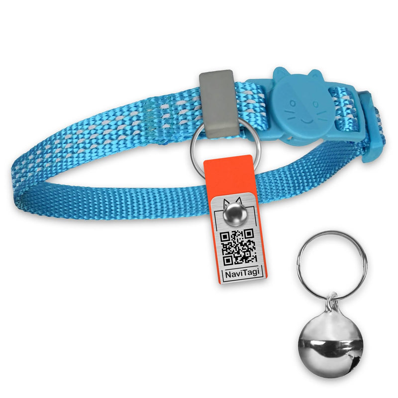 Cat Breakaway Reflective Soft Collar with Extra Small, Light Tag, Personalized with QR ID. 2 Phones Updatable Online. Name Safe. Bell. Adjustable. Reflect Light Blue