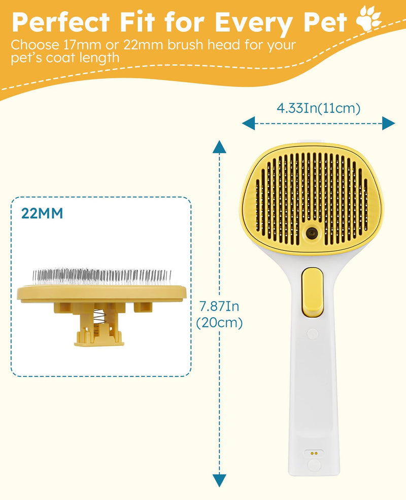 Cat Steam Brush for Cats & Dogs, Pet Steam Brush 3-in-1 with 2 Mist Modes, One-Touch Self Cleaning, Magnetic Safe Charging, Cat Hair Brush for Shedding, Dog Brush for Shedding, Yellow (Long Head) Yellow - Long Head