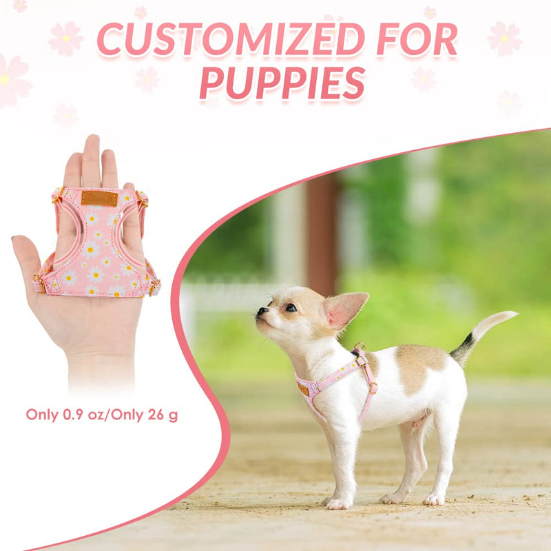 Lukovee Puppy Harness and Leash Set, No Pull Lightweight Soft Suede Adjustable Pet Harness Vest with Snap Buckle for Puppy Small and Medium Size Dog (Pink-XXS) XX-Small ( 2.2-6lb ) Pink Daisy - PawsPlanet Australia