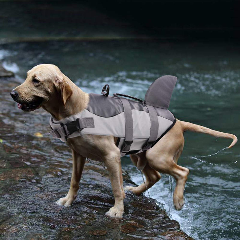 Queenmore Dog Life Jacket Ripstop Shark Dog Safety Vest Adjustable Preserver with High Buoyancy and Durable Rescue Handle for Small,Medium,Large Dogs, Grey Shark Large