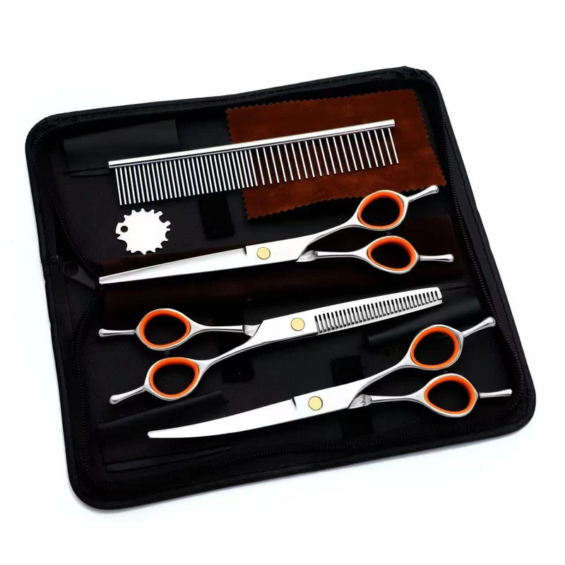 AIRY 7.5-in Professional Dog Grooming Scissors Set - Premium Stainless Steel Scissors Kit Including Straight Cutting, Thinning Shears, Curved Scissors,Comb and Storage Bag,Pet Grooming Kit for Dogs 5IN1 - PawsPlanet Australia