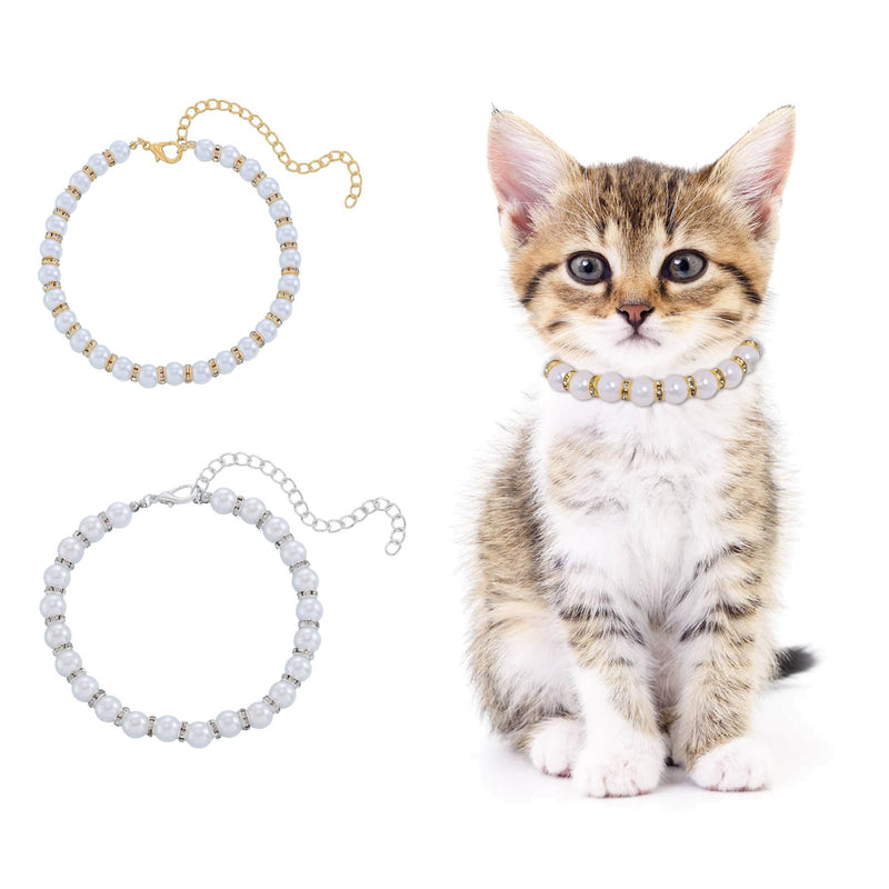 Campsis 2 Pack Rhinestone Cat Necklace Collar Pearl Cat Collars with Extension Chain Kitten Necklace Collar for Girl Cats (S=7.9-10.6inch) S=7.9-10.6inch - PawsPlanet Australia