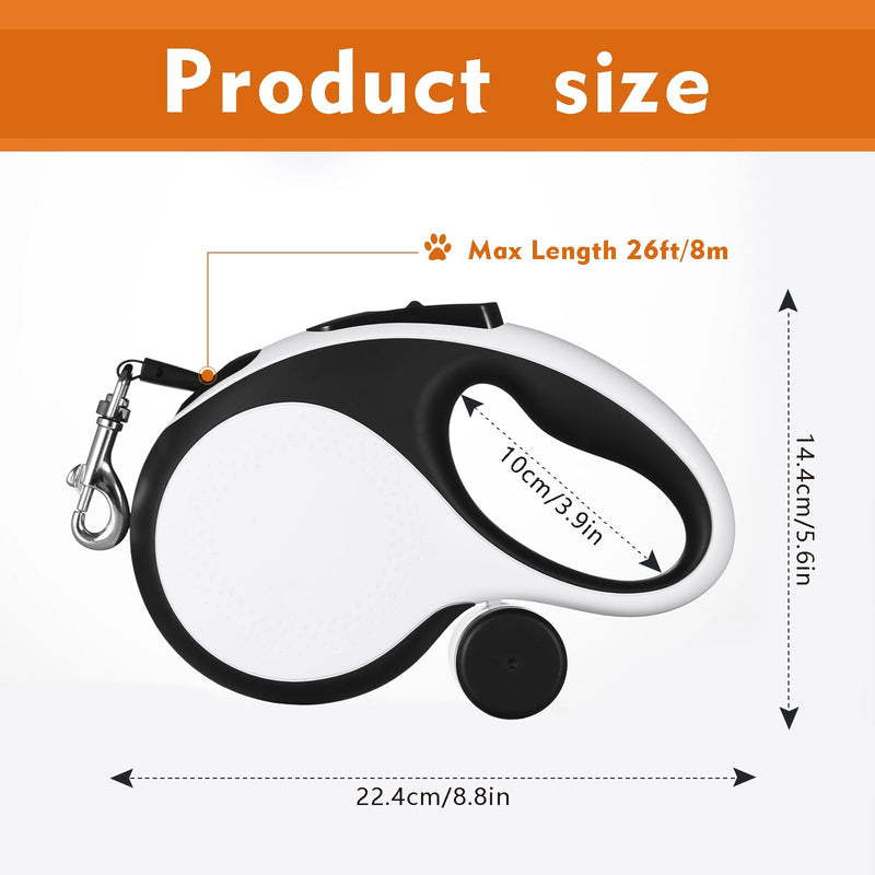 26Ft Retractable Dog Leash with Chew Proof Cable,Heavy Duty Dog Leash with Removable Poop Bags for Medium Large Dogs up to 110lbs,Strong Nylon Tape No Tangle,One-Handed Brake (White) White