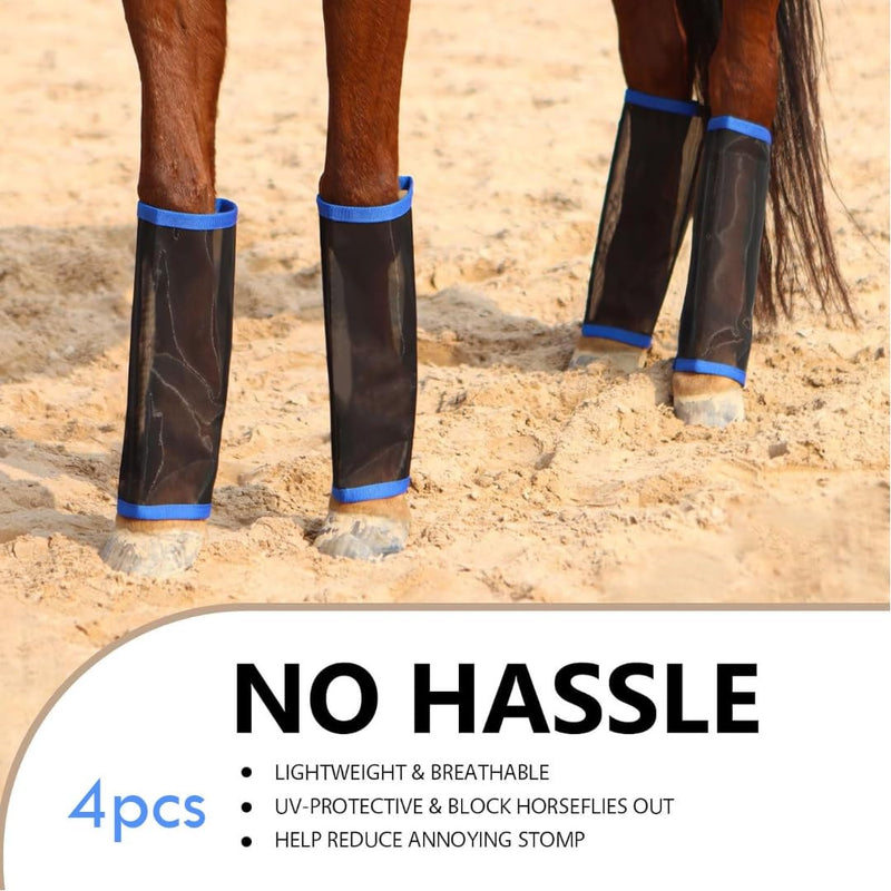 Fly Boots for Horses – Set of 4 Breathable Mesh Horse Fly Leg Guards, UV Protective Lightweight Fly Protection, Reduce Stomping & Insect Stress for Riding, Training, Pasture & Trail Riding – Blue