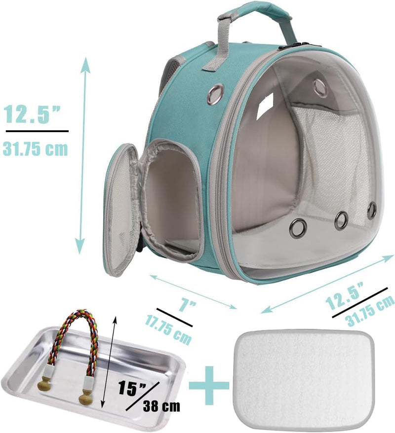 Small Bird Travel Backpack Carrier Cage, Backpack to Transport Backpack Carrier with Metal Tray Stand Perch for Parakeet Cockatiel Budgies Vet Carry Book Bag Green Clear Bubble - PawsPlanet Australia