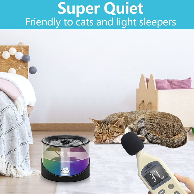 Kastty Super Quiet Water Fountain for Cats Inside, Pet Water Fountain for Kitty, Cat Waterer, Dog Bowl Dispenser 2.2L/74oz,with Super Long Life Span Pump, Black+Colorful LED Light - PawsPlanet Australia