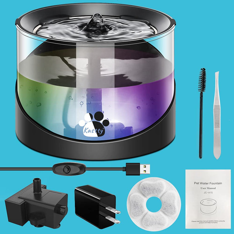 Kastty Super Quiet Water Fountain for Cats Inside, Pet Water Fountain for Kitty, Cat Waterer, Dog Bowl Dispenser 2.2L/74oz,with Super Long Life Span Pump, Black+Colorful LED Light - PawsPlanet Australia