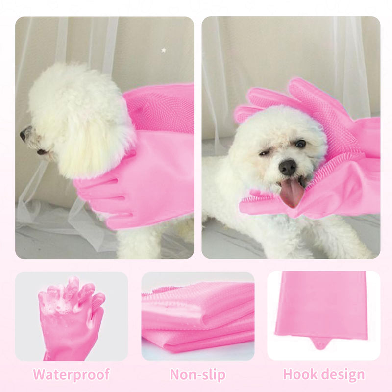 Pet Grooming Gloves，Heat-Resistant Dog Washing Gloves with High-Density Teeth，Silicone Dog Bath Brush with Enhanced Five Finger Design，Bathing and Massaging for Dogs and Cats,Pink Pink - PawsPlanet Australia