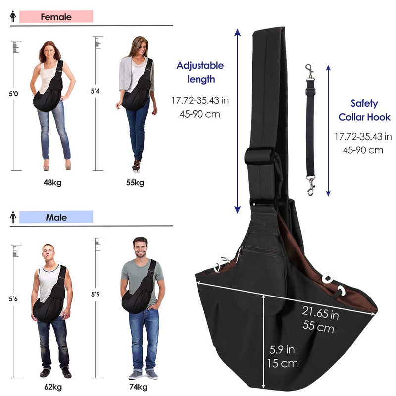 Dog Padded Papoose Sling, Small Pet Sling Carrier Hands Free Carry Adjustable Shoulder Strap Reversible Tote Bag with a Pocket Safety Belt Dog Cat Traveling Subway 5-12lbs Water-Resistant Black - PawsPlanet Australia