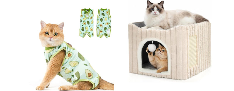 Avont Cat Recovery Suit After Surgery Bundle with 3-in-1 Cat House, Foldable Enclosed Cat House