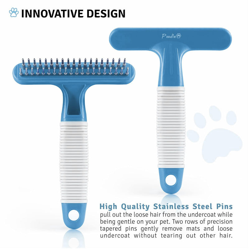 POODLIE Poodle Pet Dog Grooming Rake | Dematting Tool with Stainless Steel Shedding Comb for Pets | 2 Rows of Pins Gently Remove Loose or Tangled Hair from Undercoat (Blue) Blue
