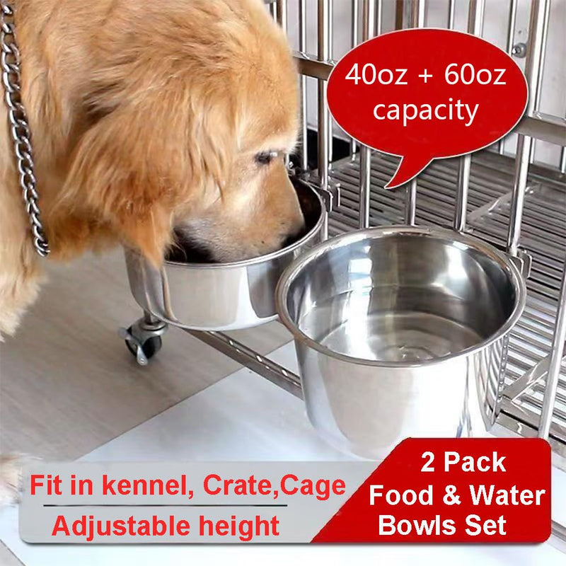 Stainless Steel Dog Bowls, 2 Pack No Spill Dog Crate Water and Food Bowls for Kennel Cage, Hanging Bowls Feeder Dish for Large Medium Dogs Pets, 40oz & 60oz - PawsPlanet Australia