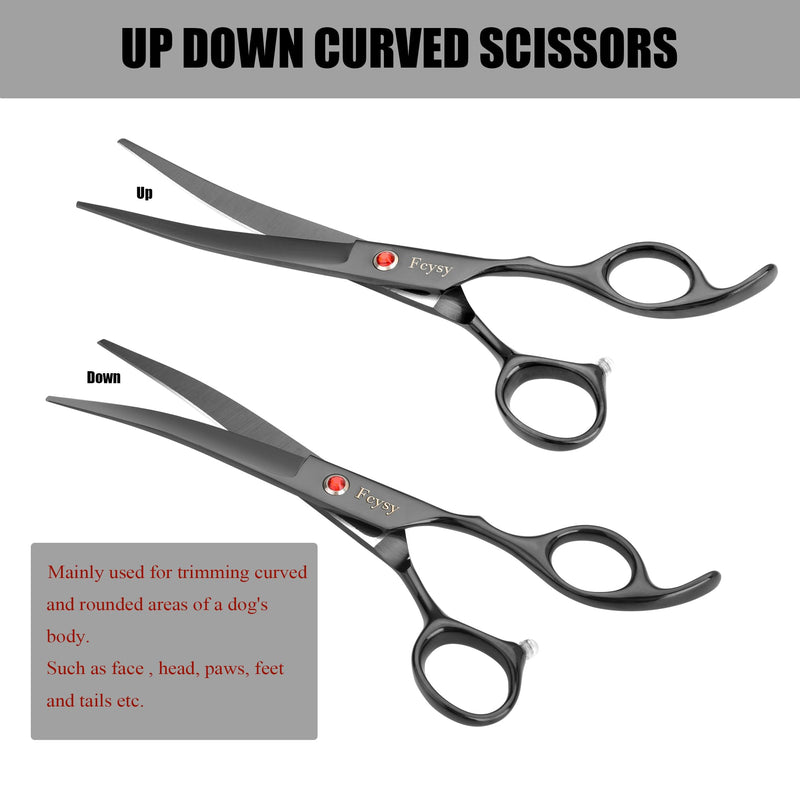 Dog Grooming Scissors Kit, Fcysy Professional Pet Hair Cutting Shears Set with Curved & Straight Blades Scissors Thinning Shears– Stainless Steel Grooming Tools for Dogs & Cats at Home 8pcsblack - PawsPlanet Australia