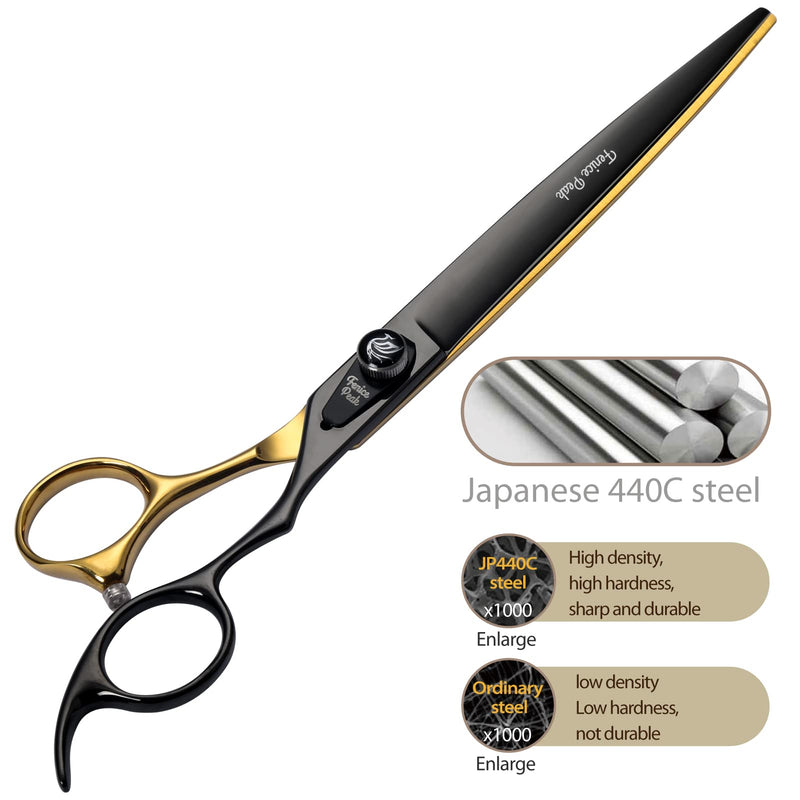 Fenice Peak 7'' Black Dog Grooming Scissors Goldern Straight Shears with Ergonomic Offest Handle and Pattern Screw Pet Grooming Trimming Shears Durable and Sharp 440C 7'' - PawsPlanet Australia