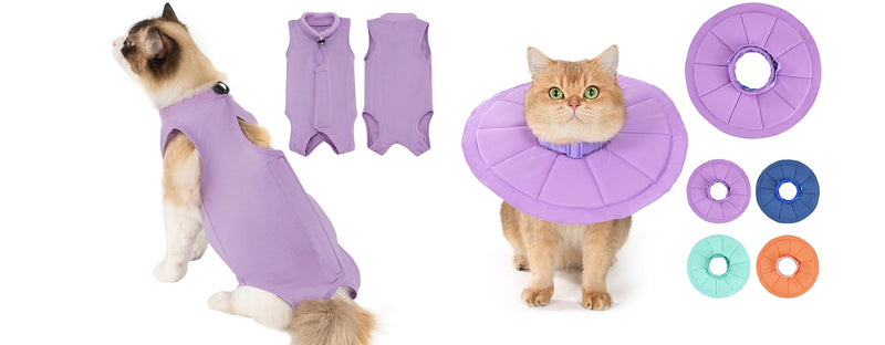 Avont Cat Recovery Suit Bundle with Adjustable Cat Recovery Collar for Post-Surgery Recovery, Purple(M)