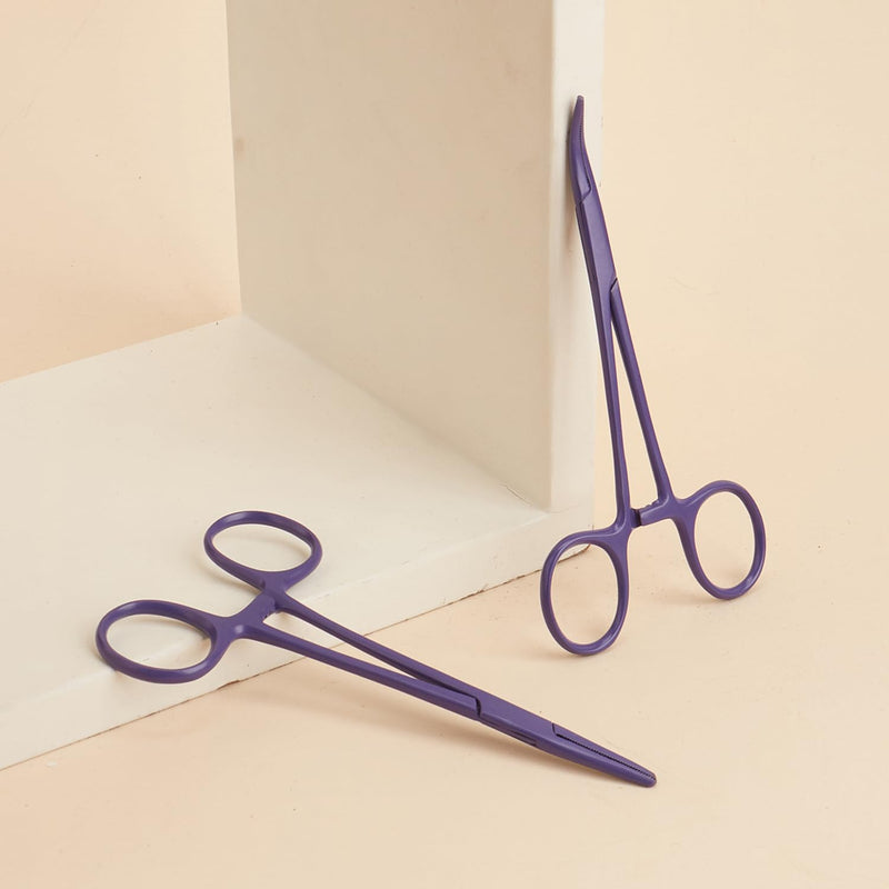 Pets ears/nose hair Puller Straight & Curved full serrated, stainless steel Home Hemostat Locking Forceps, Professional pet grooming tool for cats & dogs 2pcs set （purple） Purple - PawsPlanet Australia