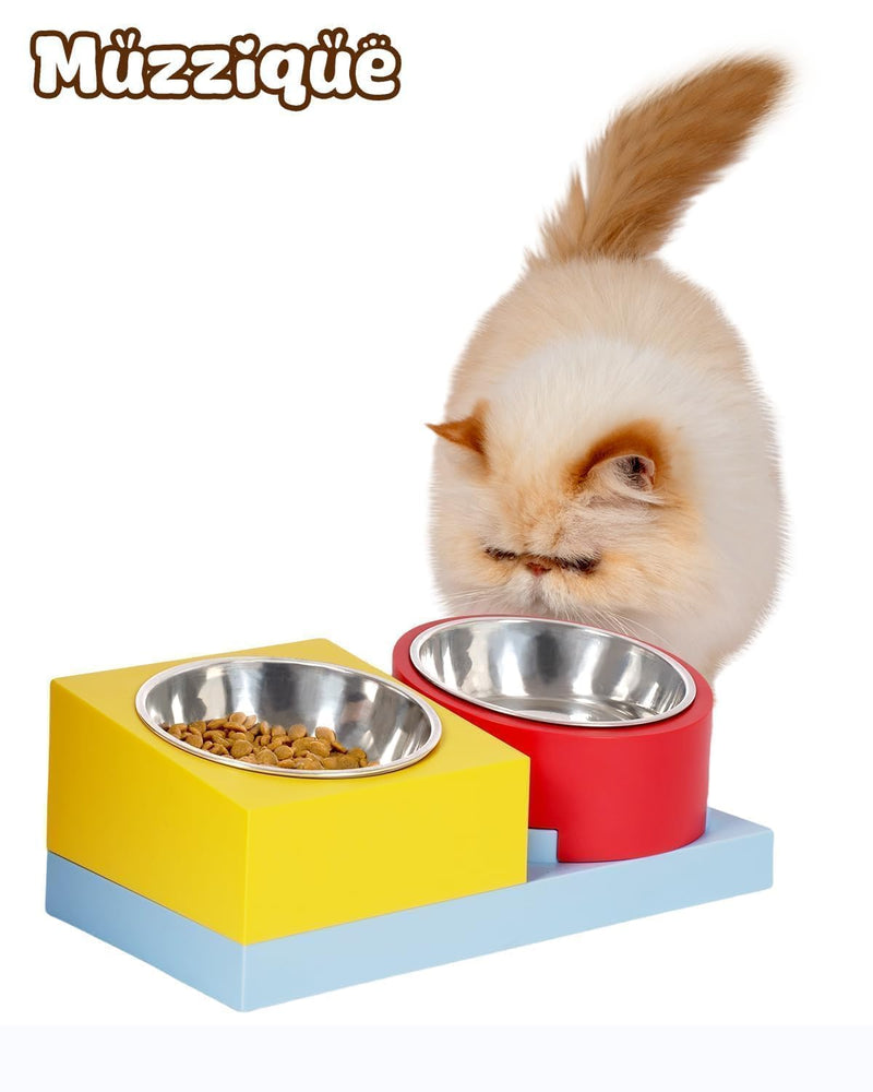 Cat Food Water Bowl Set, for Cats/Dogs, w/ 2 Raised Stainless Steel Puppy Bowls, Elevated DIY Kitten Metal Dishes Stand, Flat Tilted Pet Holder, No Spill Anti Whisker Fatigue Plastic Feeding Station - PawsPlanet Australia