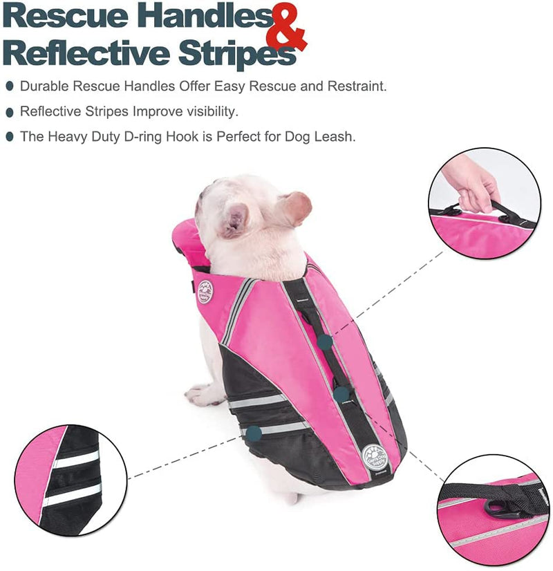 French Bulldog Life Jacket, Life Vest with Chin Float Rescue Handle for Corgi Pug, Adjustable High Visibility Flotation Swim Vest for Swimming Boating (Pink) Chest Girth 16.5"-29.5" Pink