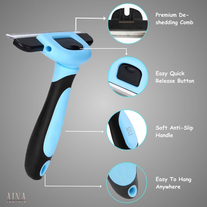 AINA Pet Grooming Comb for Dogs & Cats - Comfortable, Effective, Deshedding, Dematting Pet Combing Tool | Reduces Shedding, Easy to Clean Stainless Steel Head, Smooth Ends & Non-Slip Grip | Blue-Large Large - PawsPlanet Australia