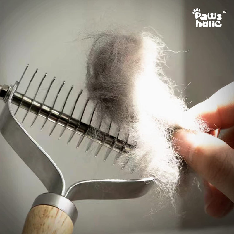 Undercoat Rake for Dogs - Professional Pet Shedding Dematting Comb with Wood Handle, Stainless Steel Blades for Pet Cats Dogs Matted Hair Tangles Removing 2 Sides Dematting Comb - PawsPlanet Australia