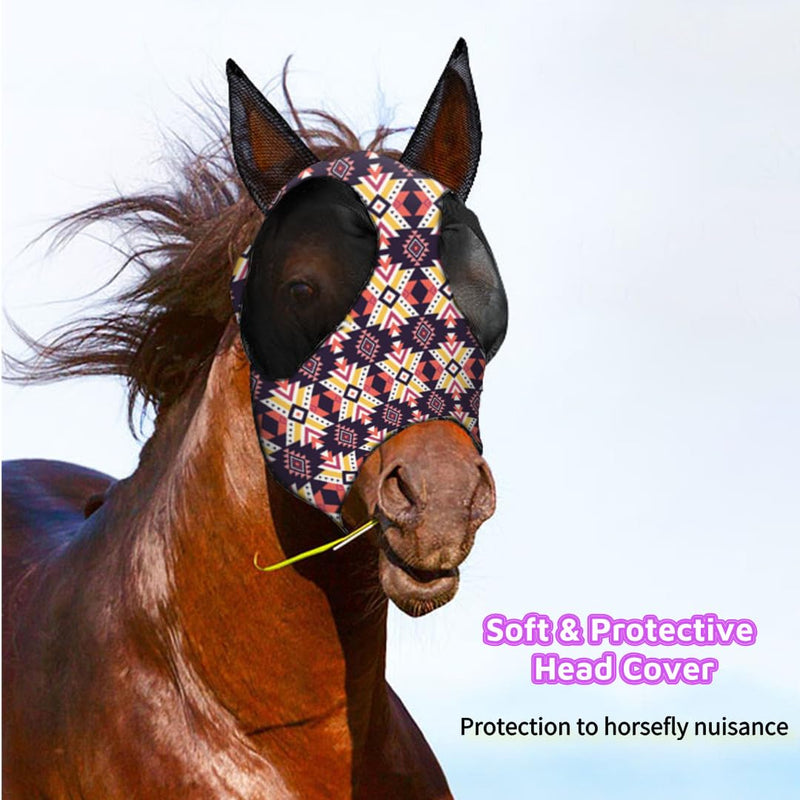 Horse Fly Mask with Ears, Breathable Soft Mesh, UV Protection, Comfortable Large Eye Space, Durable Secure Fit, Stylish Pattern Design-S Tribal Print S