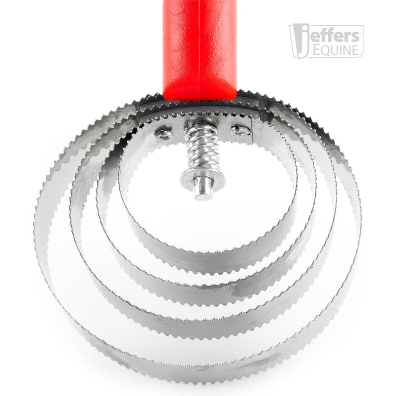 Jeffers Equine Reversible Shedding Curry Comb for Horses or Goats, Pets – Dual Sided Stainless Steel Blade Tool for Grooming, Dirt & Hair Removal – Spring Action Handle – Red Handle - PawsPlanet Australia