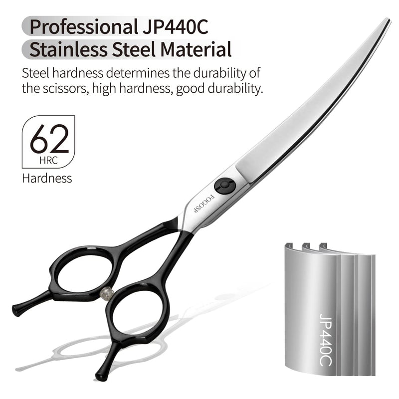 Curved Dog Grooming Scissors Professional 7" Grooming Shears for Dogs Pet Right Handed Groomer Japan 440C Stainless Steel (7 in Curved, Black) 7 in - PawsPlanet Australia