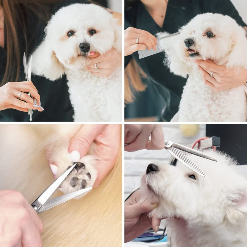 Dog Grooming Scissors, 5 Pcs Stainless Steel Pet Trimmer Kit, Fashion Hair Cutting Grooming Tool for Dogs and Cats - with 6-inch Cutting Scissors, Thinning Shear, Curved Scissors, Grooming Comb Pink 4 in 1
